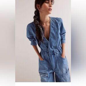 Free People Light Blue Denim Overalls